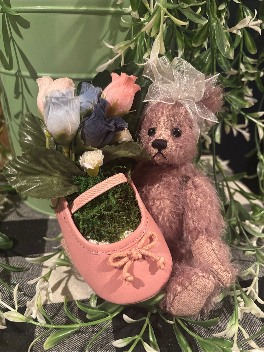 Vintage Plush Bear With Baby Shoe Adorned with Artificial Roses